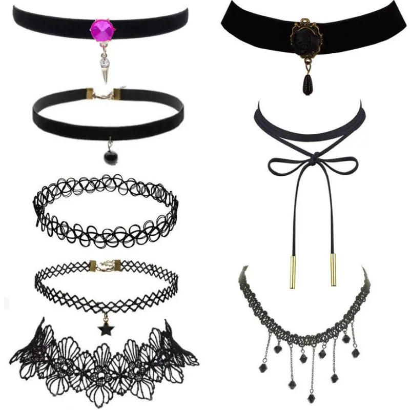 Women 8 Pieces Choker Necklace Set Stretch Velvet Classic Charm Jewelry Gothic Tattoo Black Lace Chokers 1