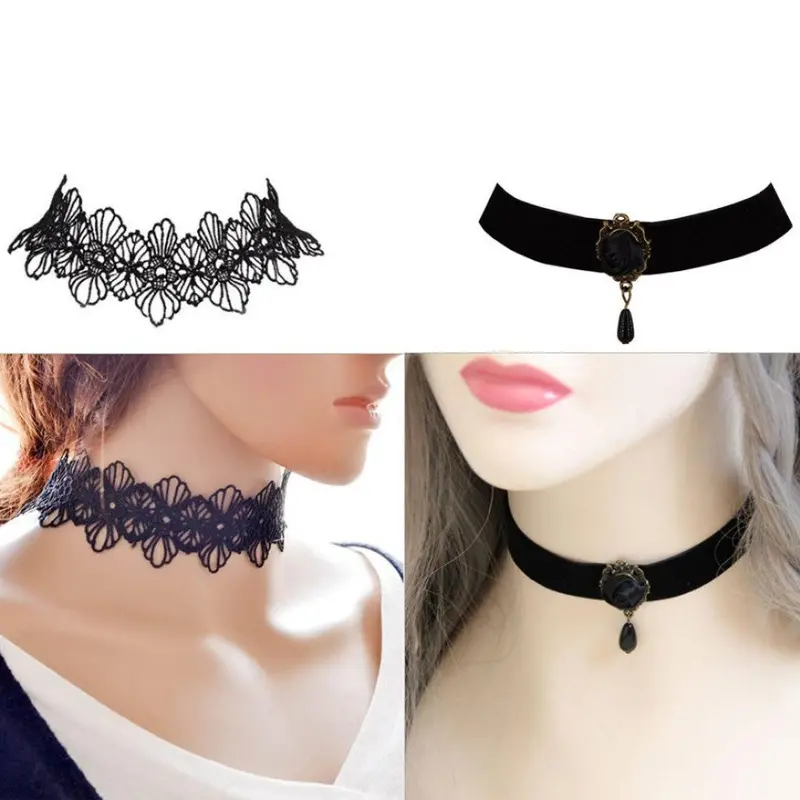 Women 8 Pieces Choker Necklace Set Stretch Velvet Classic Charm Jewelry Gothic Tattoo Black Lace Chokers 2