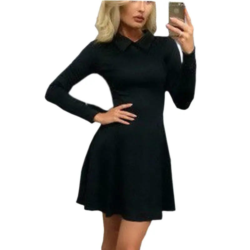 Women A-Line Dress Cute Peter Pan Collar Long Sleeve Dress Sexy Cusual Solid Slim Dress Vestidos Plus Size Gv469 5