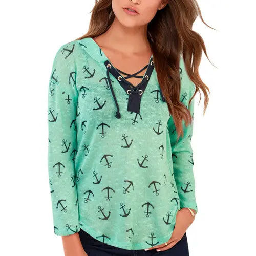Women Anchor Print Sweatshirts Hoodies Long Sleeve V-Neck Tie-Up Hooded Tops Casual Sportwear Femininos M0549 2