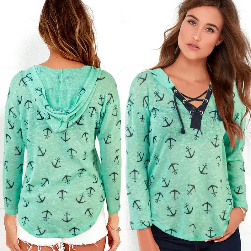 Women Anchor Print Sweatshirts Hoodies Long Sleeve V-Neck Tie-Up Hooded Tops Casual Sportwear Femininos M0549 3