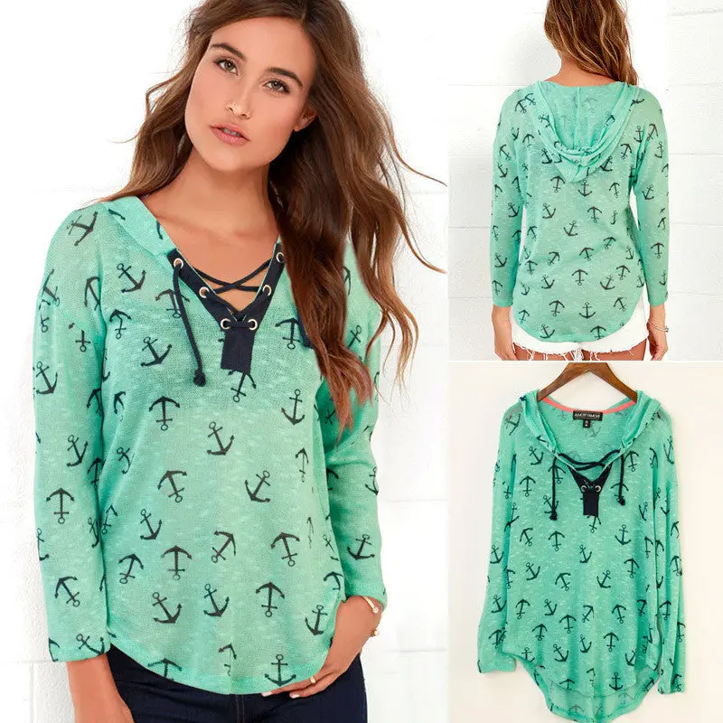 Women Anchor Print Sweatshirts Hoodies Long Sleeve V-Neck Tie-Up Hooded Tops Casual Sportwear Femininos M0549 4