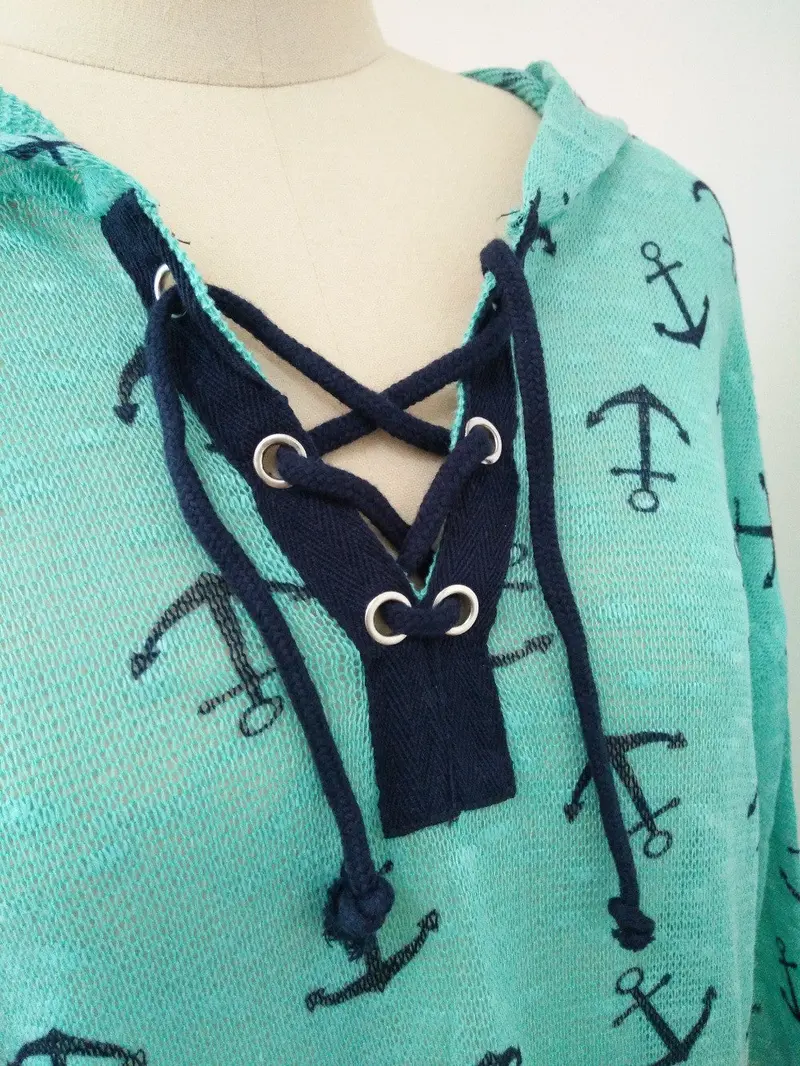 Women Anchor Print Sweatshirts Hoodies Long Sleeve V-Neck Tie-Up Hooded Tops Casual Sportwear Femininos M0549 5