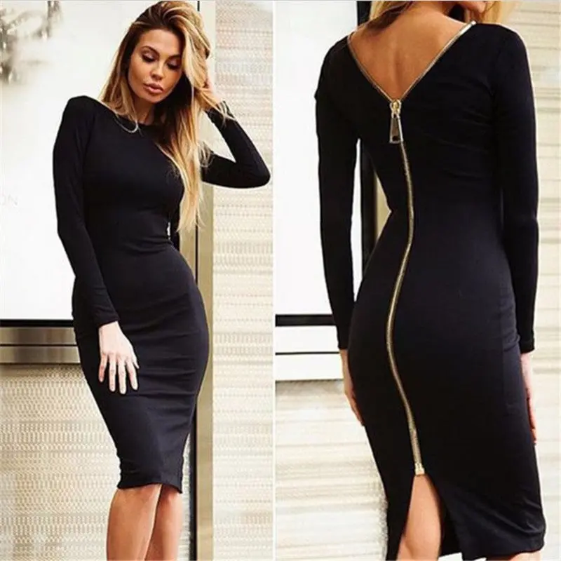 Women Back Zipper Knee-Length Dresses Sexy Nightclub Bodycon Sheath Dress Fall Long Sleeve Dress Vestidos 1