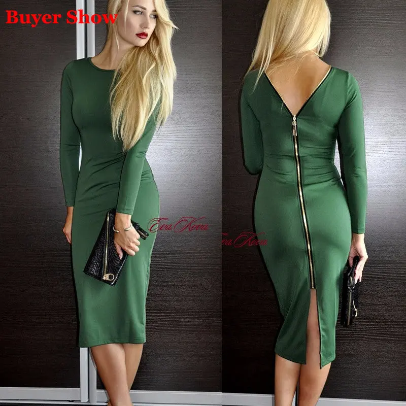 Women Back Zipper Knee-Length Dresses Sexy Nightclub Bodycon Sheath Dress Fall Long Sleeve Dress Vestidos 8