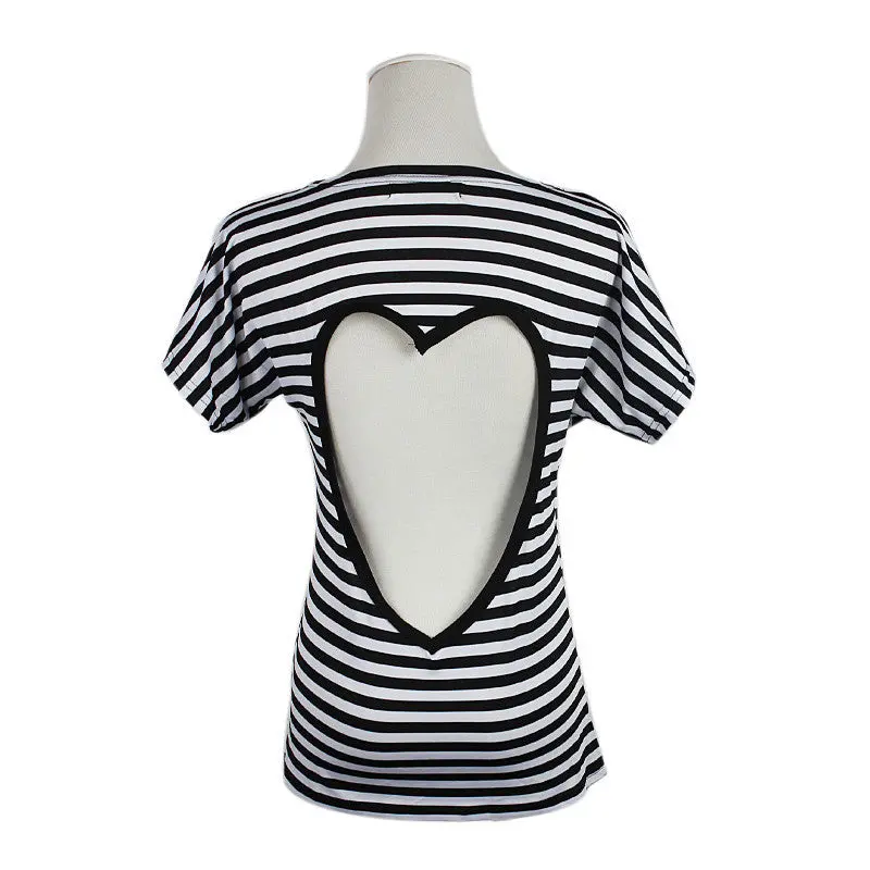 Women Backless Heart Roupas Feminina Striped Short Sleeve Vetement S 1