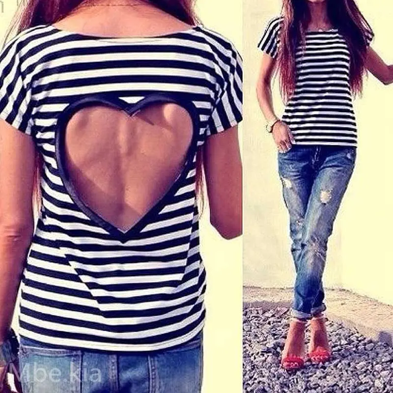 Women Backless Heart Roupas Feminina Striped Short Sleeve Vetement S 2
