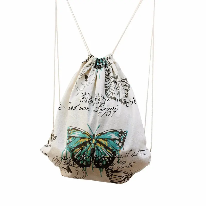 Women Backpack Canvas Butterfly Printing Drawstring Backpack For Girl Student School Backpacks 1