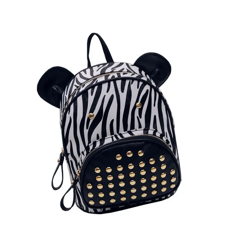 Women Backpack Double-Shoulder Zebra Stripe Printing Rivet Dairy Cattle Leather Cat Backpack Backpacks For Girls Bag 1