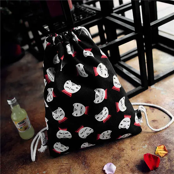 Women Backpack Printing Canvas Cat Backpack For Girls Drawstring Bag 1
