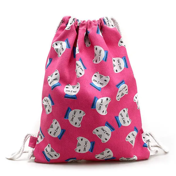 Women Backpack Printing Canvas Cat Backpack For Girls Drawstring Bag 3