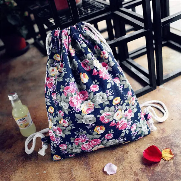 Women Backpack Printing Floral Canvas Backpack For Girls Drawstring Bag 1