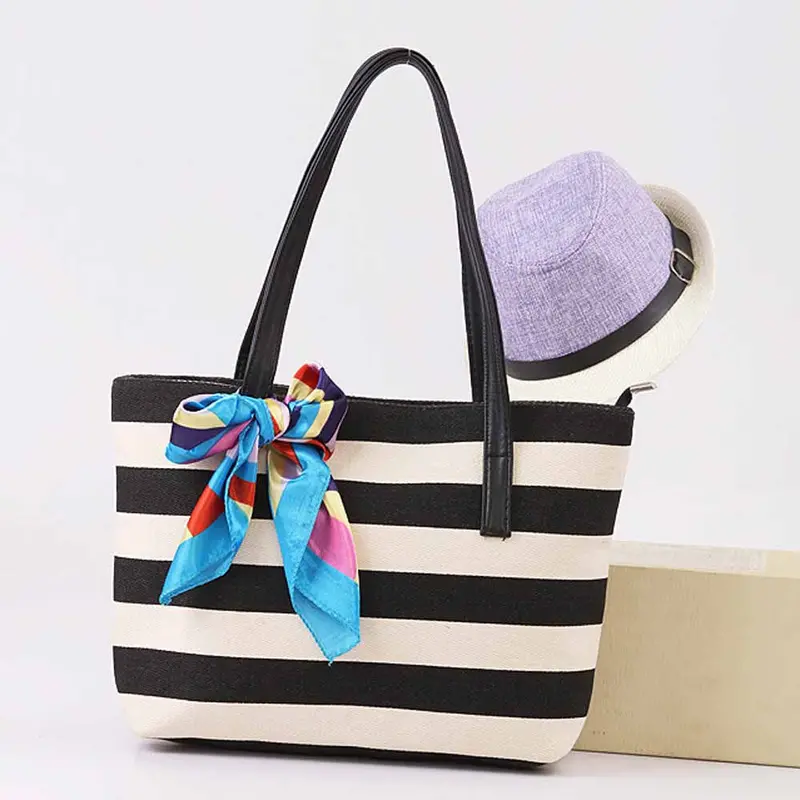 Women Bag Canvas Stripe Silk Scarf Bags Shoulder Casual Handbag Bolsos Femenina 1