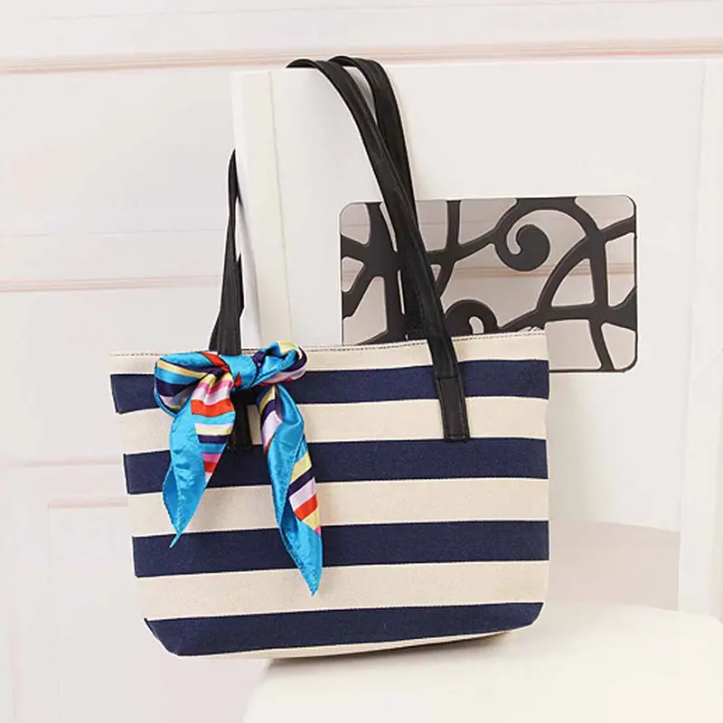 Women Bag Canvas Stripe Silk Scarf Bags Shoulder Casual Handbag Bolsos Femenina 2