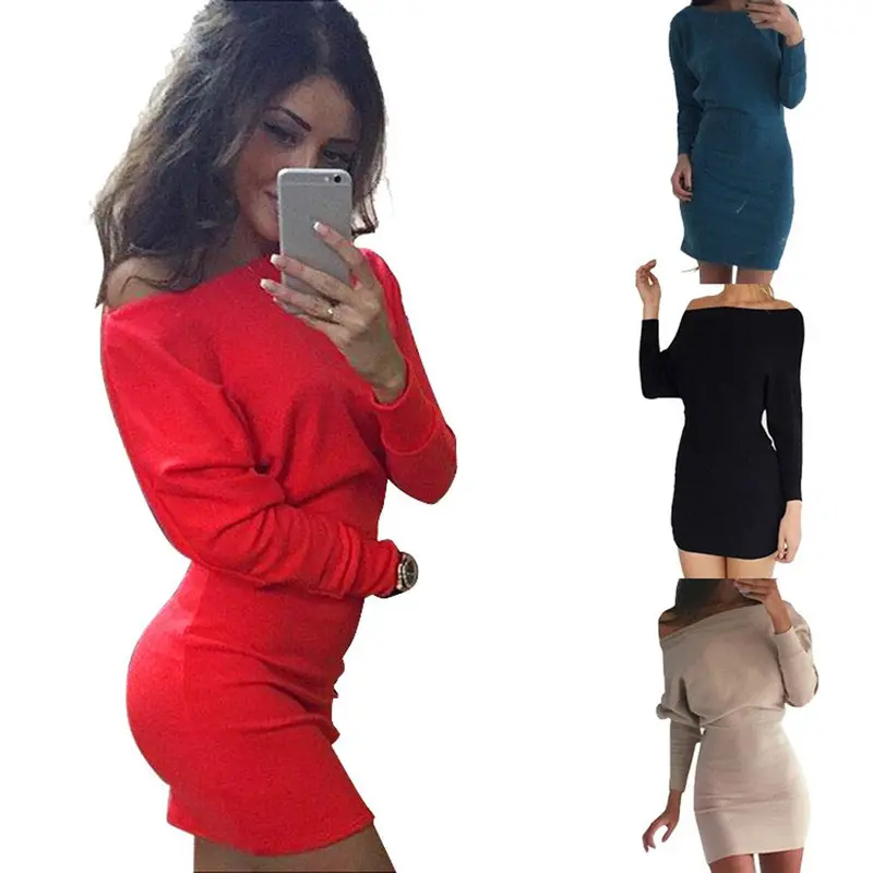 Women Bandage Dress Red Long Sleeve Sloping Shoulder Bodycon Party Dresses Plus Size Clothes For Women Vestidos 5