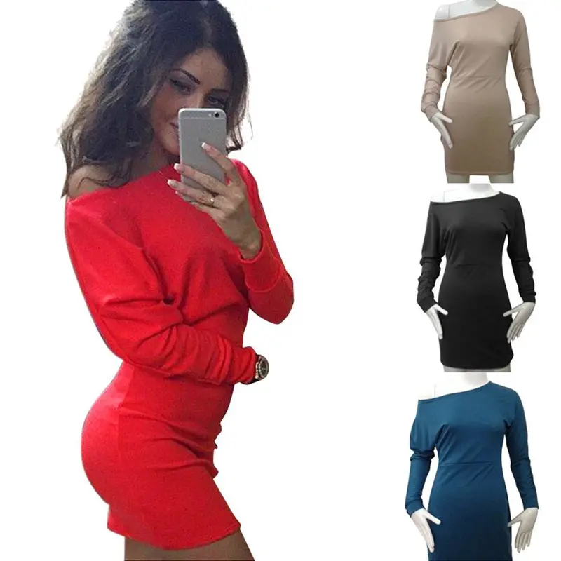 Women Bandage Dress Red Long Sleeve Sloping Shoulder Bodycon Party Dresses Plus Size Clothes For Women Vestidos 6