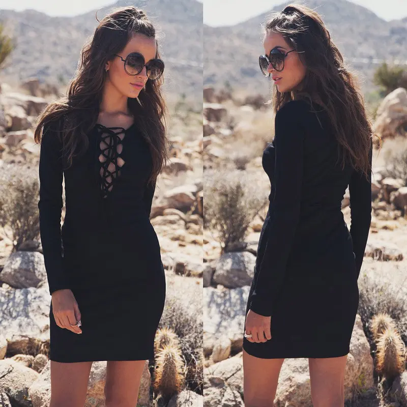 Women Bandage Long Sleeve Bodycon Pencil Party Tie Up Mini Dress Black White Dress Plus Size Feida 1
