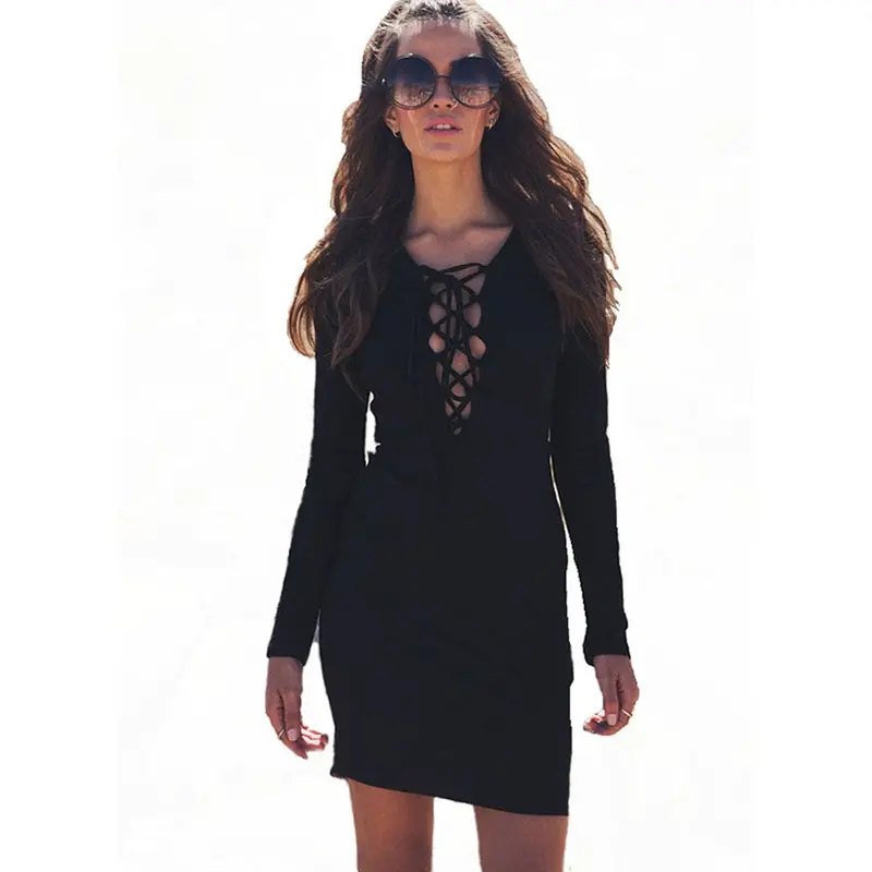 Women Bandage Long Sleeve Bodycon Pencil Party Tie Up Mini Dress Black White Dress Plus Size Feida 3