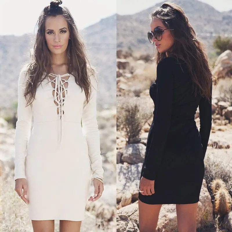 Women Bandage Long Sleeve Bodycon Pencil Party Tie Up Mini Dress Black White Dress Plus Size Feida 5