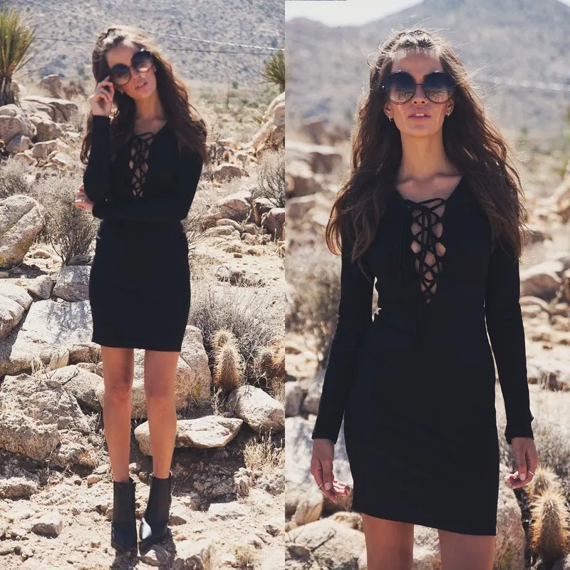 Women Bandage Long Sleeve Bodycon Pencil Party Tie Up Mini Dress Black White Dress Plus Size Feida 7