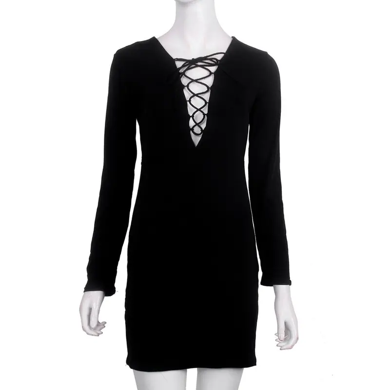 Women Bandage Long Sleeve Bodycon Pencil Party Tie Up Mini Dress Black White Dress Plus Size Feida 8
