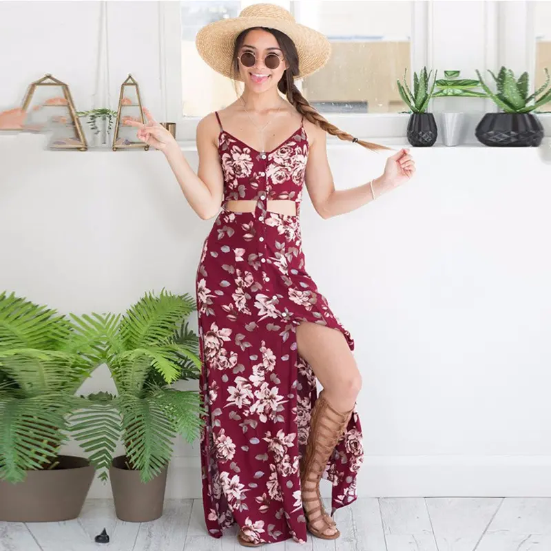 Women Beach Bohemian Floral Print Dress Sundress Vintage Sexy Split Ends Maxi Dress Clothing Vestido De Festa Plus Size Feida 1