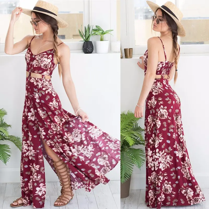 Women Beach Bohemian Floral Print Dress Sundress Vintage Sexy Split Ends Maxi Dress Clothing Vestido De Festa Plus Size Feida 3