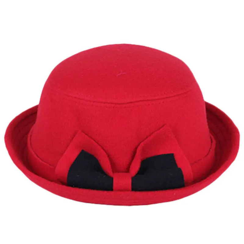 Women Beach Double Color Bowknot Felt Bowler Hair Ball Fedora Hat Bowler Caps 1