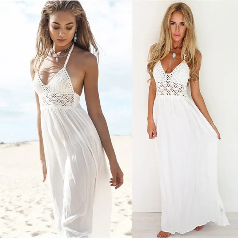 Women Beach Dress White Crochet Backless Bohemian Halterneck Party Maxi Long Dress Dress Sundress Vestido De Festa Feida 1