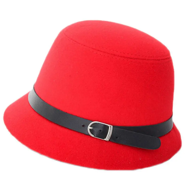 Women Beach Leather Belt Felt Bowler Solid Color Fedora Hat Bowler Caps 1