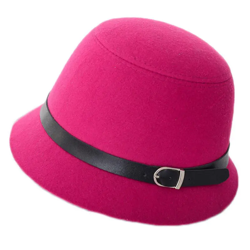Women Beach Leather Belt Felt Bowler Solid Color Fedora Hat Bowler Caps 2