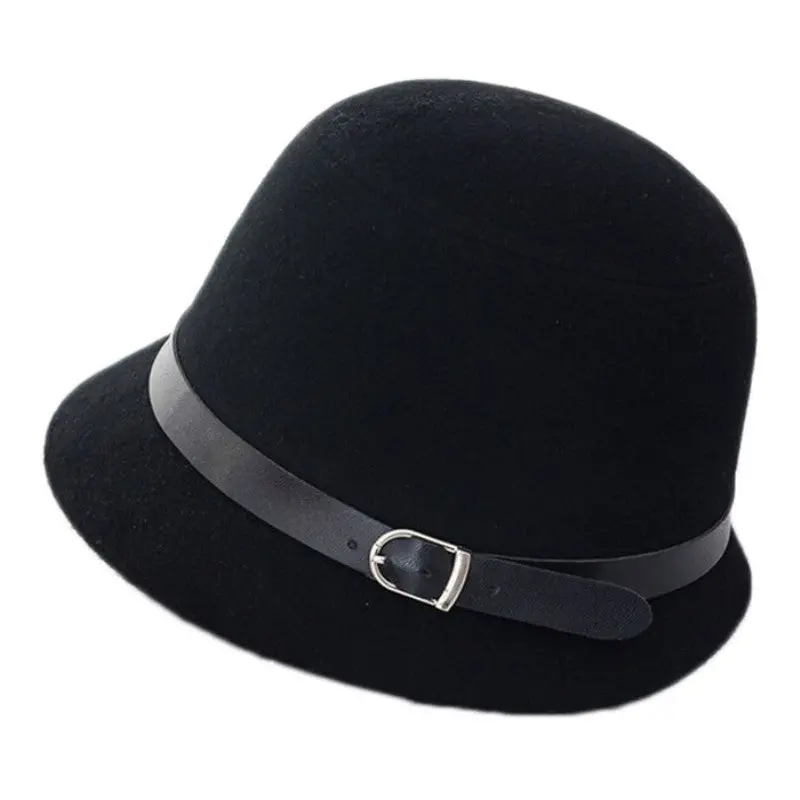 Women Beach Leather Belt Felt Bowler Solid Color Fedora Hat Bowler Caps 3