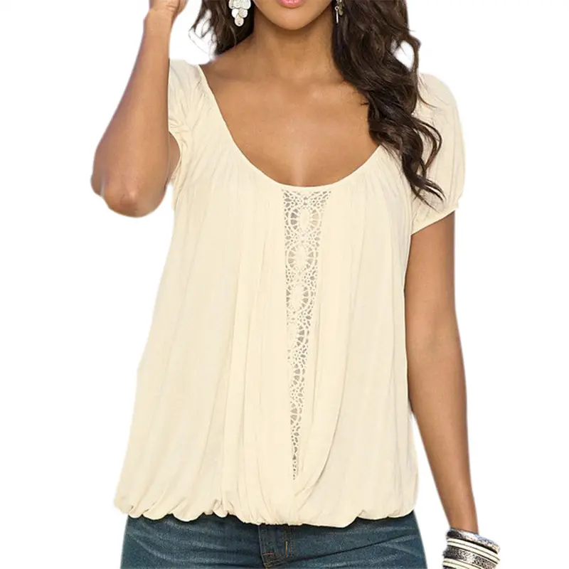 Women Beige O-Neck Lace Crochet T Shirt Plus Size Front Lace Backless Tee Shirt Femme Casual Tops Loose Mini Sleeve T Shirt 1