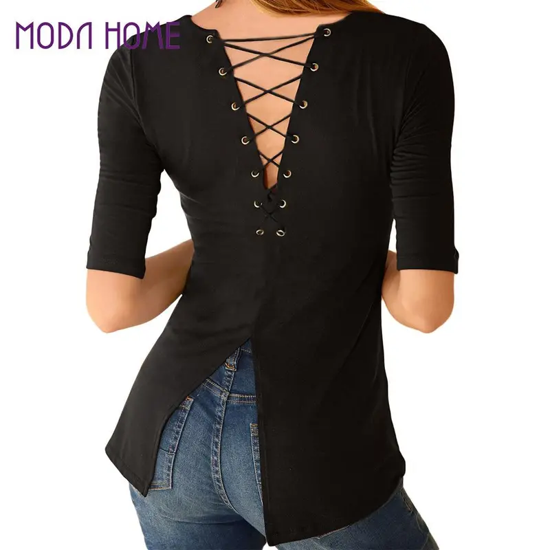Women Black T-Shirt Lace Up Tunic Top Half Sleeves T Shirt Split Hem Slim Casual Tee Womens Tops Fashion 1
