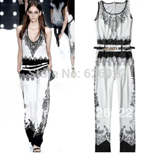 Women Black & White Color Contrast Retro Luxurious Ethnic Totem Floral Pattern Print Sleeveless Jumpsuits Romper 1