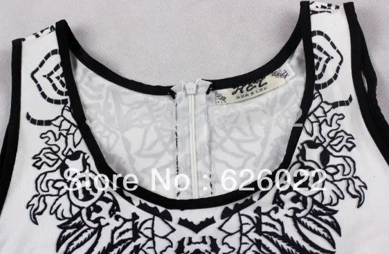 Women Black & White Color Contrast Retro Luxurious Ethnic Totem Floral Pattern Print Sleeveless Jumpsuits Romper 3