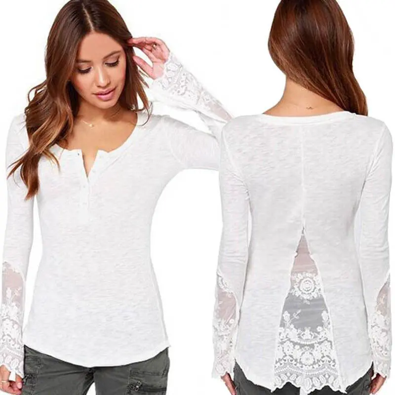 Women Blouse Casual Long Sleeve Splicing Lace Loose Blouse Tops Shirt White Color 1