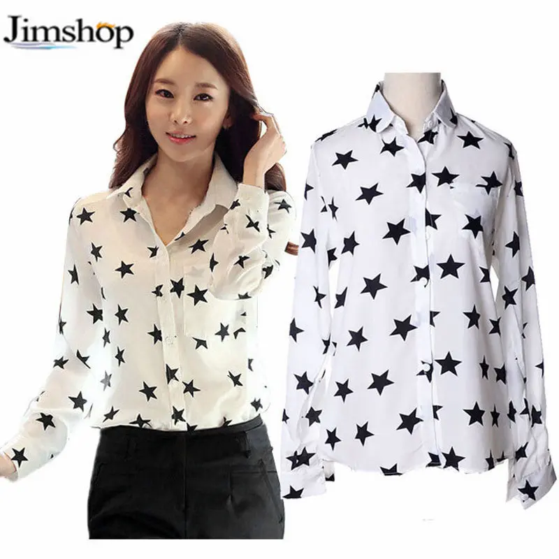 Women Blouse Fashion Turn-Down Collar Stars Print White Lady Chiffon Shirt Long Sleeve Blusa Tops 2