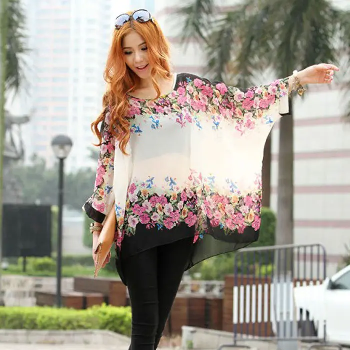 Women Blouse Floral Print Batwing Sleeve Casual Loose Shirt Tops Loose Casual Plus Size Women Top 1