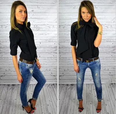 Women Blouse Work Shirt Solid Color Casual Slim Big Bowknot Shirts Blusa Femininos Tops M0499 1