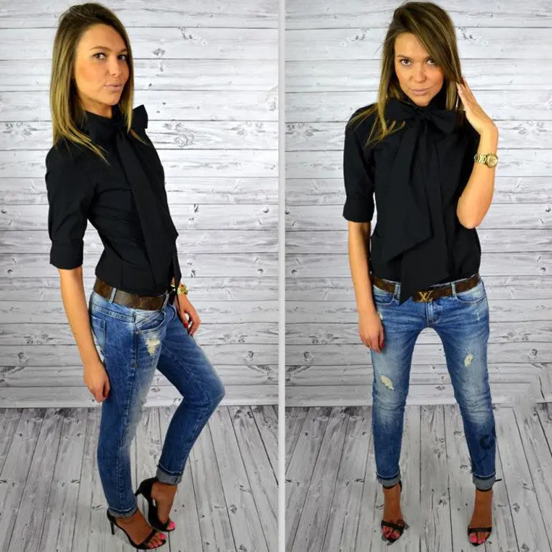 Women Blouse Work Shirt Solid Color Casual Slim Big Bowknot Shirts Blusa Femininos Tops M0499 4