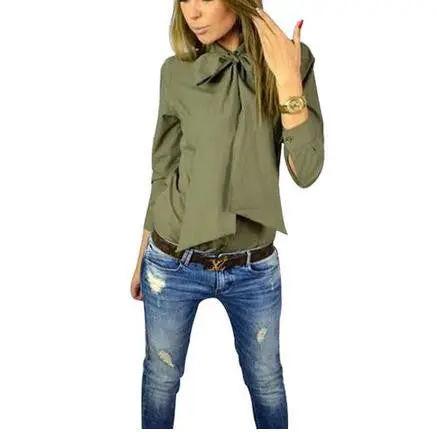 Women Blouse Work Shirt Solid Color Casual Slim Big Bowknot Shirts Blusa Femininos Tops M0499 5