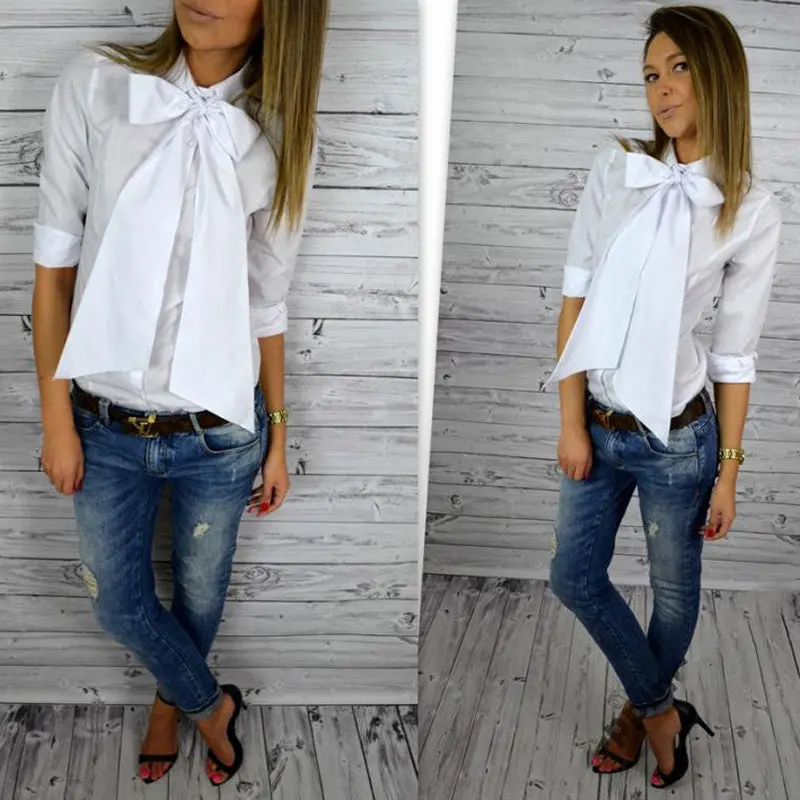 Women Blouse Work Shirt Solid Color Casual Slim Big Bowknot Shirts Blusa Femininos Tops M0499 5