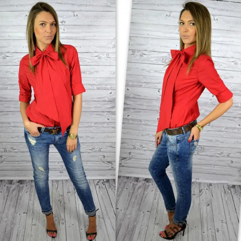 Women Blouse Work Shirt Solid Color Casual Slim Big Bowknot Shirts Blusa Femininos Tops M0499 6