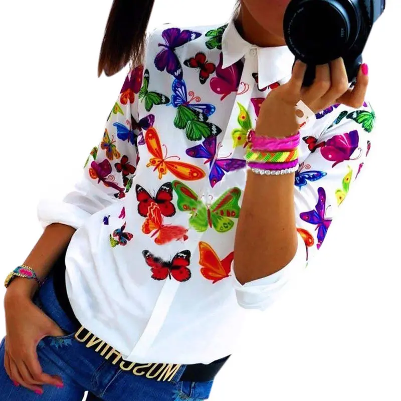 Women Blouses Chiffon Butterfly Tops Long Sleeve Shirt Casual Blouse Plus Size Blouses Shirts Office Shirt 1