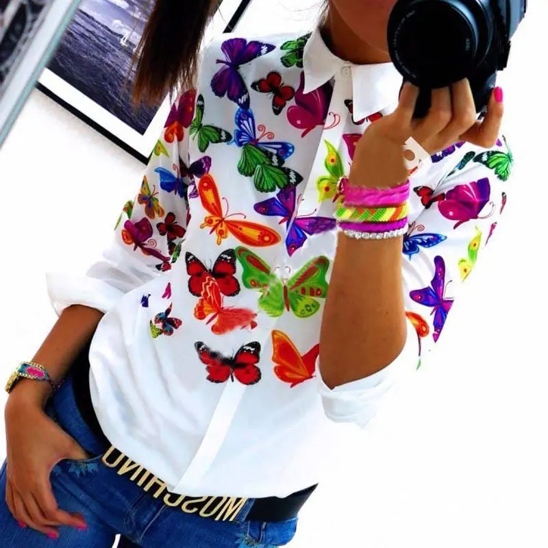 Women Blouses Chiffon Butterfly Tops Long Sleeve Shirt Casual Blouse Plus Size Blouses Shirts Office Shirt 2
