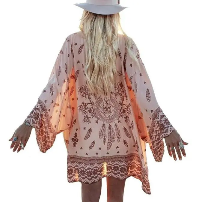 Women Blouses Coat Boho Printed Chiffon Loose Shawl Kimono Cardigan Tops Cover Up Outerwear & Coats 1