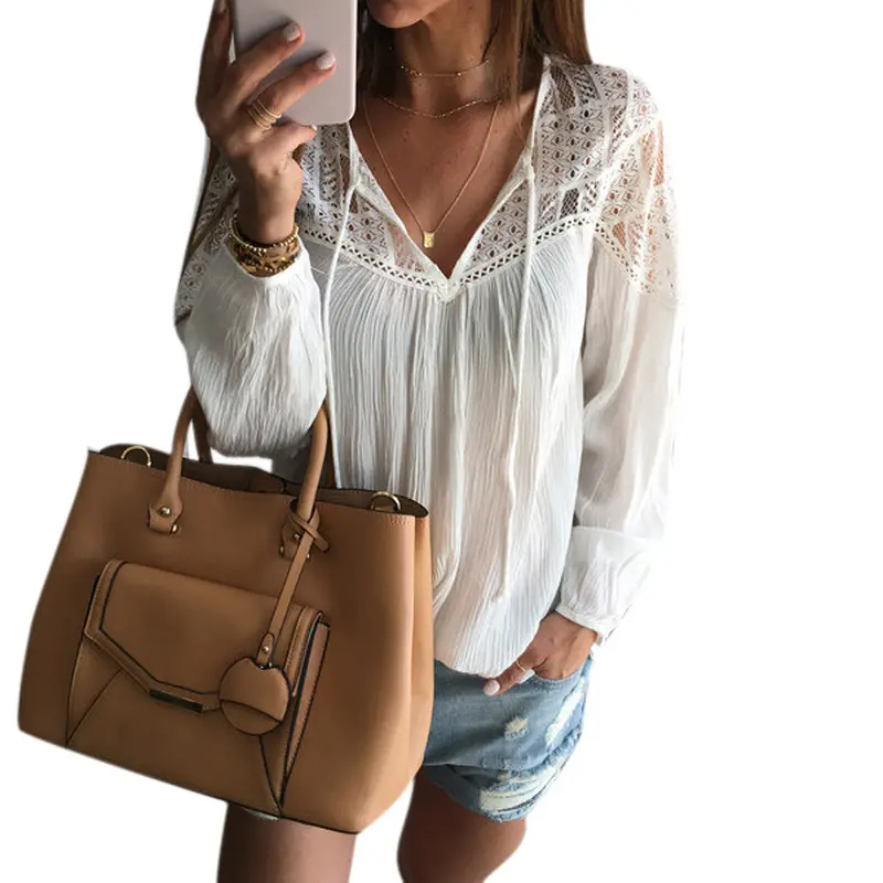 Women Blouses Plus Size White Kimono Long Sleeve Chiffon Lace Crochet Blouse Shirt Vintage Blusas Chemise 1