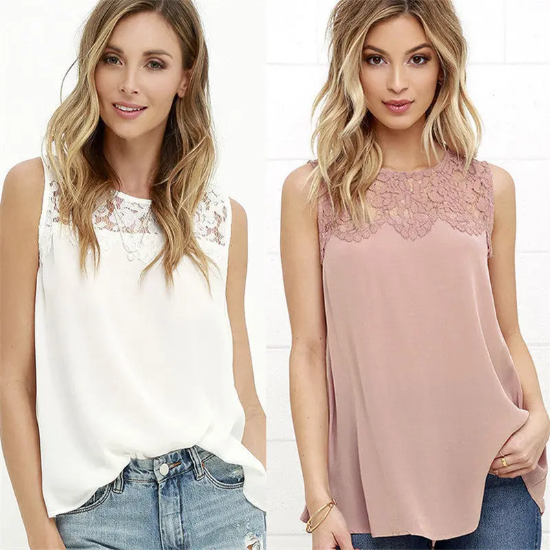 Women Blusas Sexy Lace Patchwork Chiffon Shirts Casual Sleeveless Blouse Trending Ladies Tops Pink White M0307 3