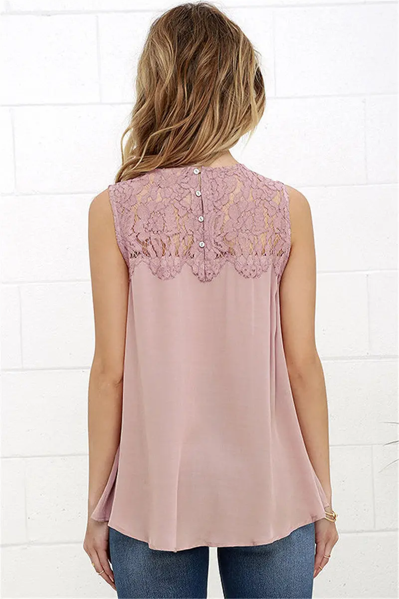 Women Blusas Sexy Lace Patchwork Chiffon Shirts Casual Sleeveless Blouse Trending Ladies Tops Pink White M0307 7